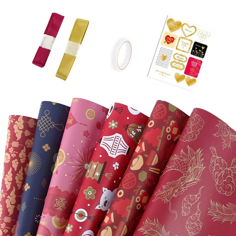 

Wrapping Paper Sheets Set Of 6 With Ribbons ,Spring Festival Chinese New Year DIY Gift Red Wrapping Paper,70Cm X 50Cm