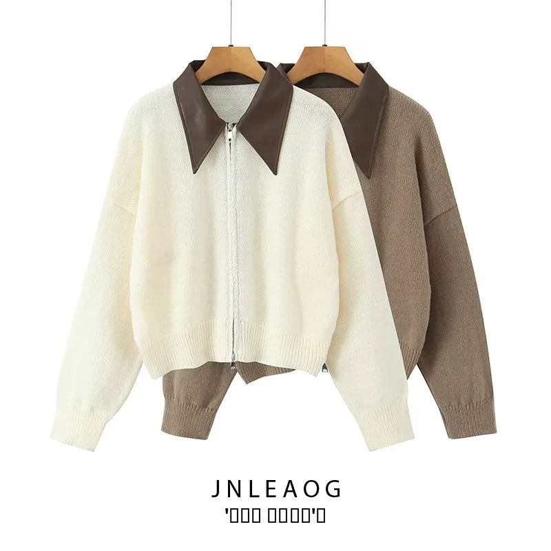 

JNLEAOG Faionable Zipper Collar Patchwork Leather Women's Cardigan Autumn New Sle Versatile Polyester Long Sve Coat