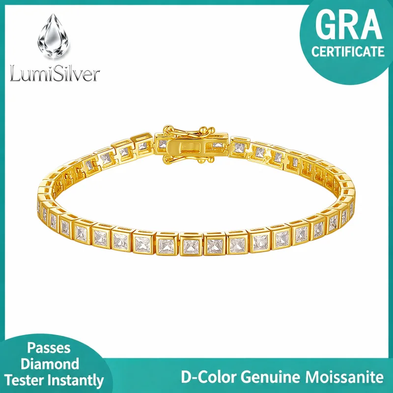 Princess Cut Moissanite Tennis Bracelet 925 Sterling Silver 18K Gold Plated Women Fine Jewelry GRA Cert