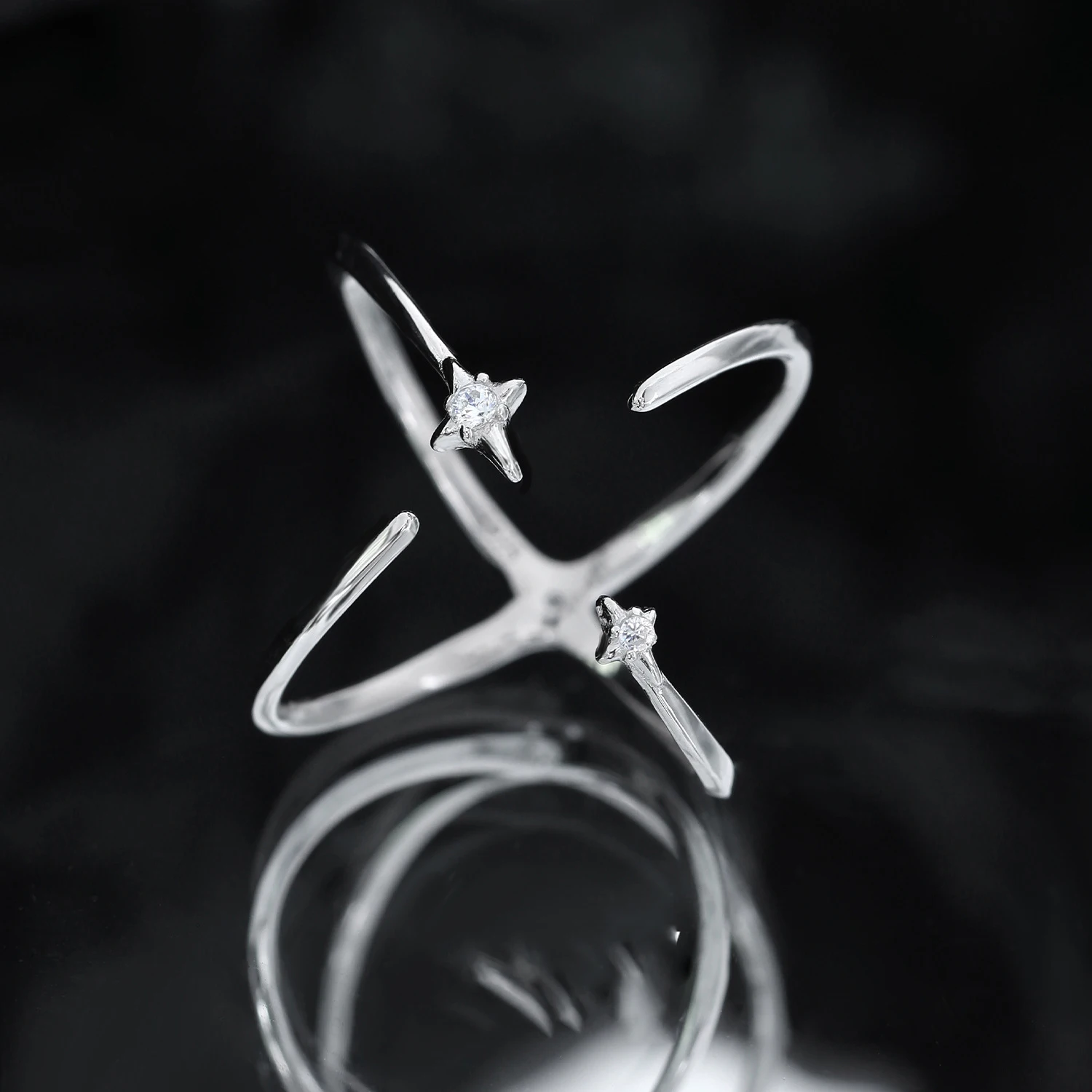 F.I.N.S Original Star Front and Back S925 Sterling Silver Ring Simple Crossed Line Open Adjustable Mid Finger Fine Jewerly Gifts