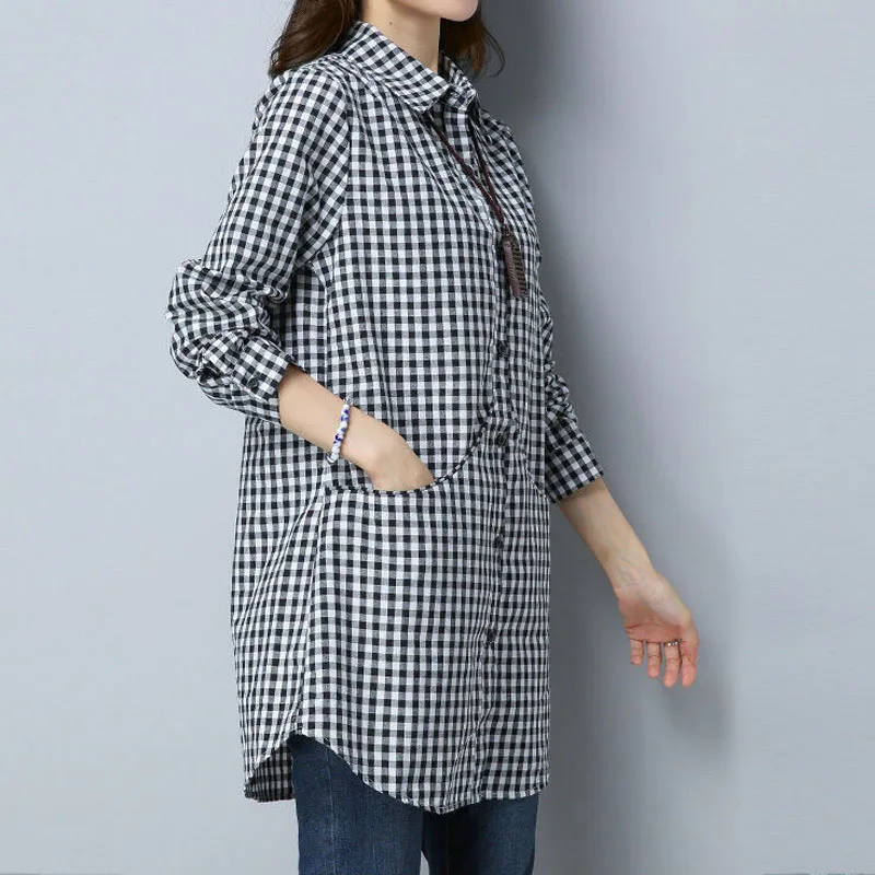 Frauen Langarm Casual Plaid Shirt Herbst Mode Koreanische Polo-Neck Vintage einreiher Taschen Bluse Weibliche kleidung