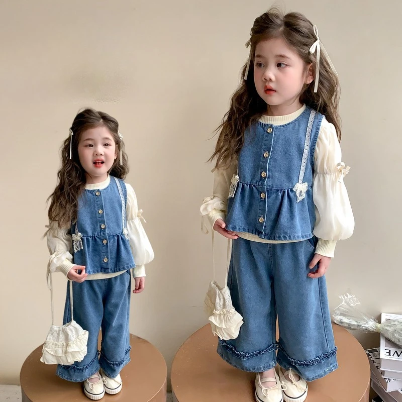 

Комплект одежды для девочек на день рождения: весенне-осенний костюм из 2 предметов (жилет + джинсы), модный джинсовый комплект для малышей и детей