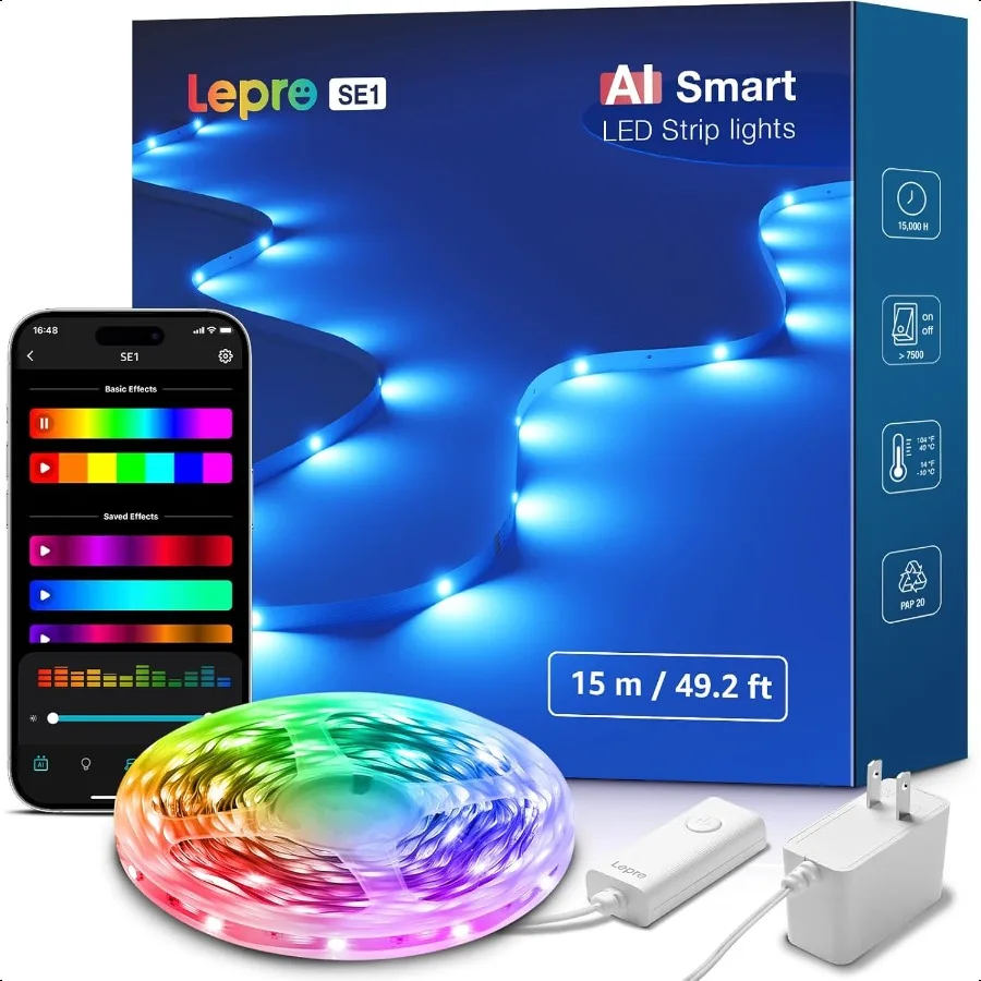SE1 AI slimme LED-stripverlichting 49,2ft RGB-kleurveranderende lichtstrips met APP-bediening AI-genereerde verlichting Muzieksynchronisatie 2,4 GHz W
