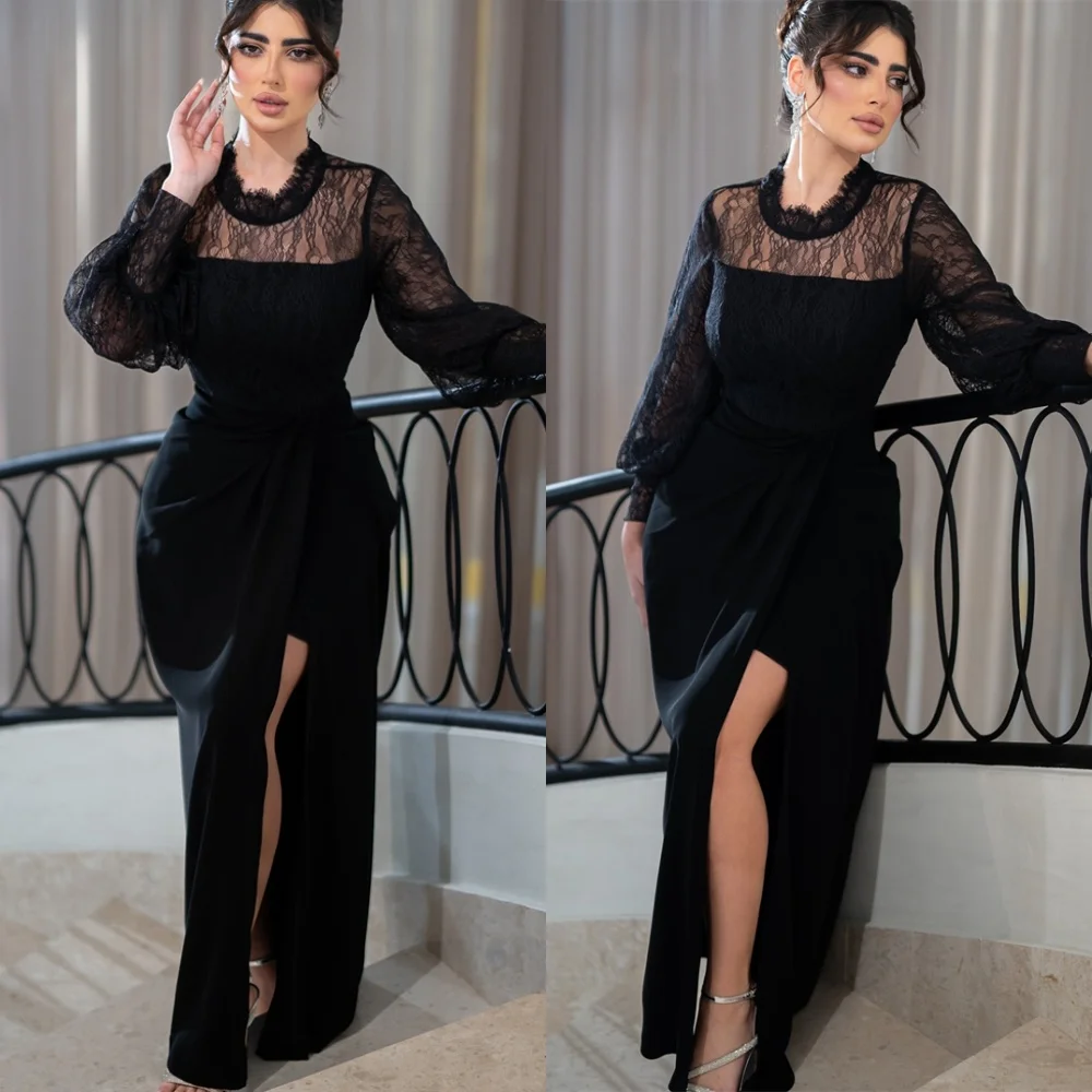 Customized Simple Black Jersey Evening Dresses Exquisite O-Neck Long Sleeves Homecoming Dresses Fashion Special Occasion Gowns
