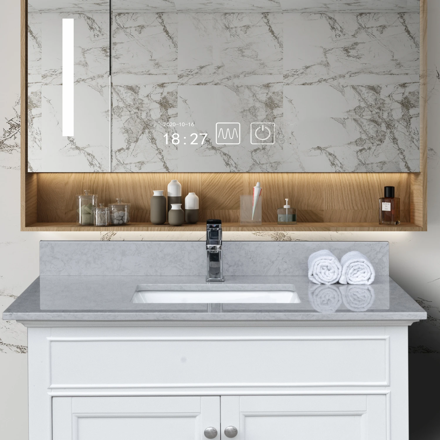 

Montary 37 inches bathroom stone vanity top calacatta gray engineered marble color with undermount ceramic sink and single fauce