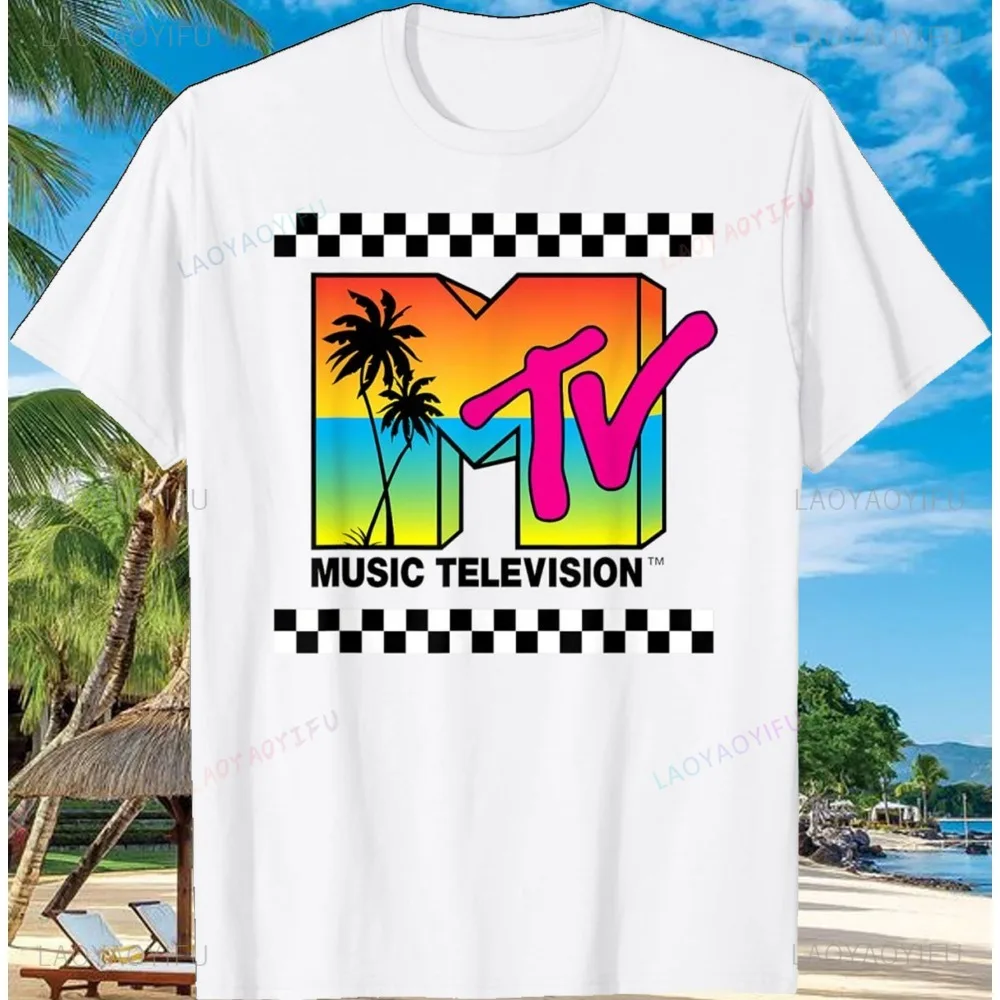 MTV Beach Island Logo Retro Graphic 100% Cotton T-shirt M-T-V Sunset Palm Tree Print Top Unisex T-shirts