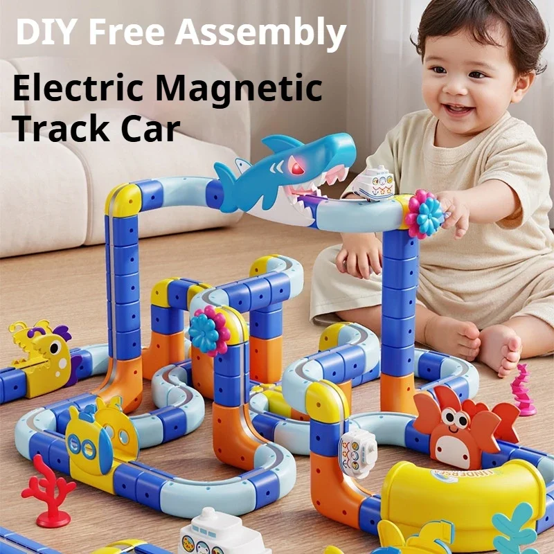 Shark-Themed Electric 3D Magnetic Track High-Speed Train Model - DIY Building Blocks Toy for Boys & Kids | Perfect Kids Gift