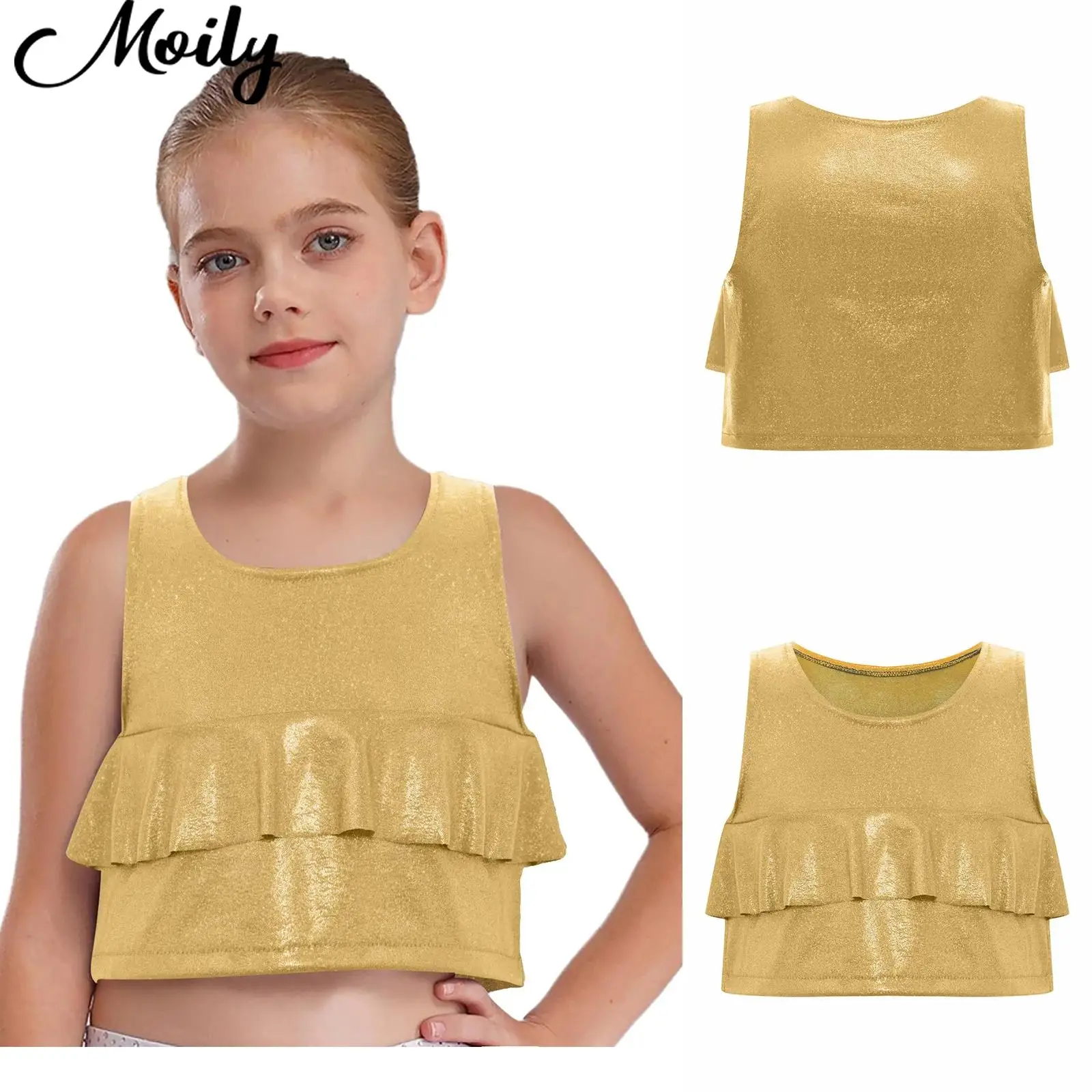 

Stylish Kids Girls Ruffles Metallic Vest Crop Top Round Neck Sleeveless Tank Tops for Cheerleading Jazz Dance Stage Performance