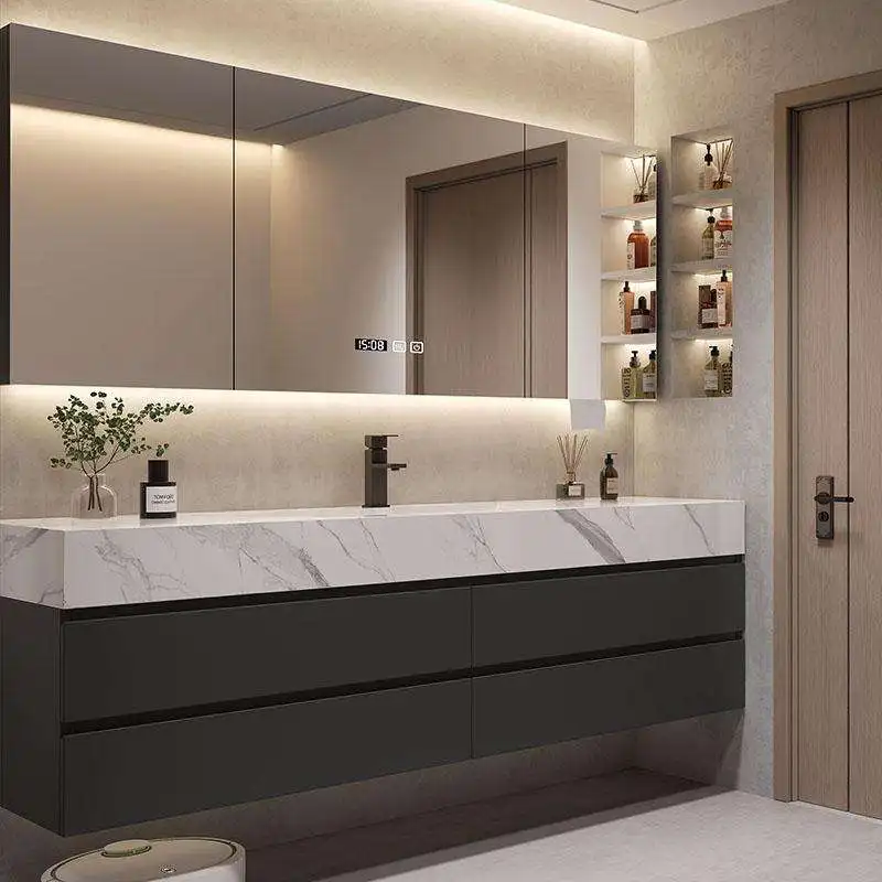 HG New Black Rock Slab Bathroom Vanity Moisture-Proof and Wear-Resistant Specifically Designed for Commercial Spaces