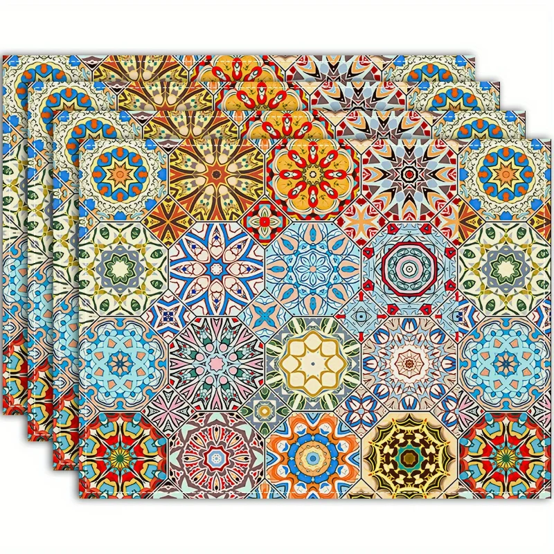 4pc Classic Moroccan Tile Print Placemats Decorative Linen-Like Kitchen Dining Mats Fashionable Table Pads for Holiday Decor