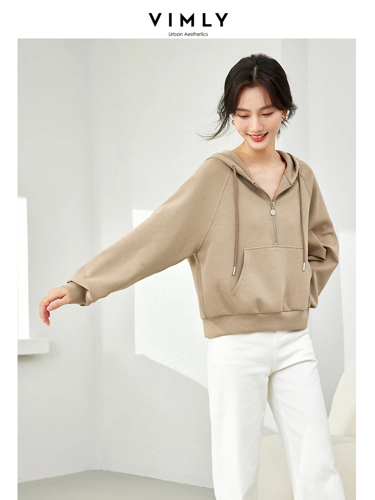 Vimly Women Hooded Sweatshirts 2024 Spring Casual Front Pockets Hoodies Pullover Half Zipper Cotton Long Sleeve Tops M6186