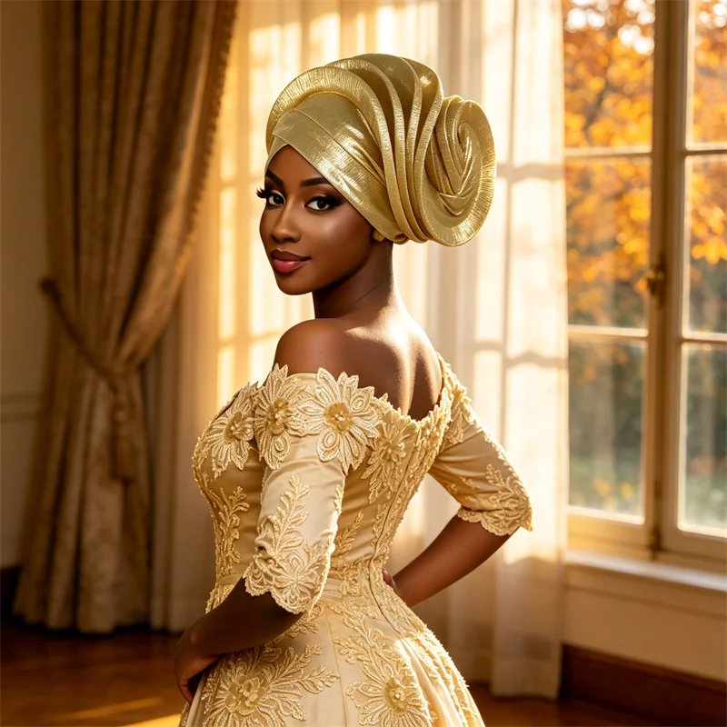African Wedding Auto Gele Headtie Women Shiny Turban Cap Nigeria Party Headscarf Stylish Casual Ladies Headwrap Headwear