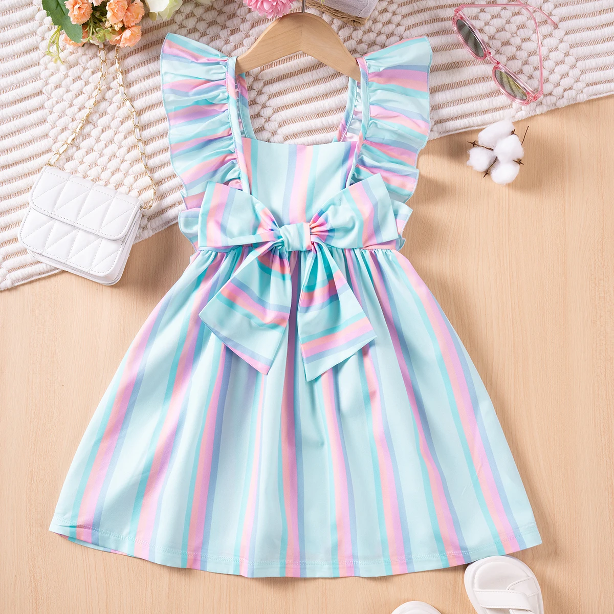 Elegant Summer Flying Sleeve A-line Striped Dress With Bow, Girl\'s Daily Casual Dress, Summer Gift Wholesale