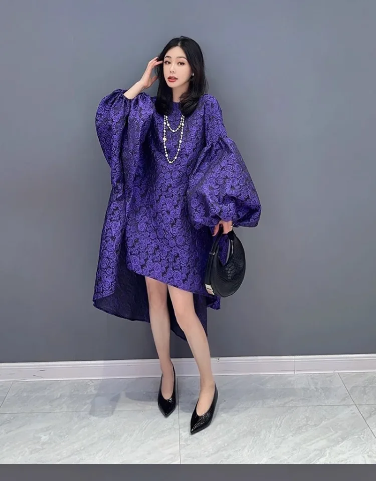 2024 Autumn New Elegant Solid Color O-Neck Loose Flower Short Dress Women Fashion Puff Sleeve Dress Wholesale J559