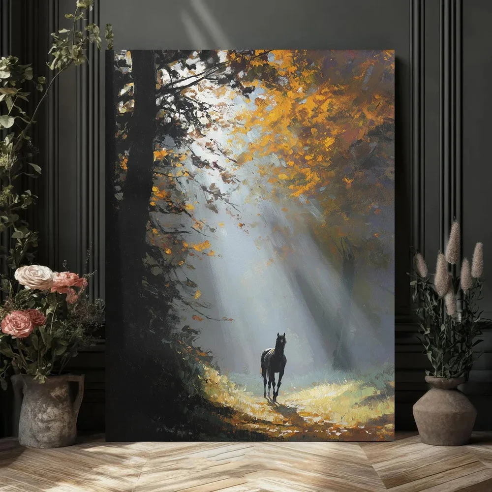 Multiple sizes 1pc frameless Canvas Painting,Autumn Forest Horse Nature Sunlight Through Trees Poster and Prints Canvas Painting