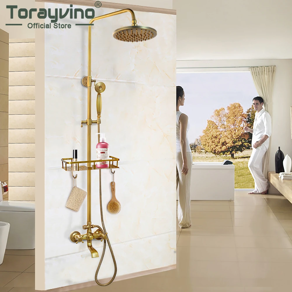 Torayvino Antique Brass Bathroom Shower System Set Rainfall Top Spray Handheld Shower Faucet W/ Storage Shelf 3 Function Showers