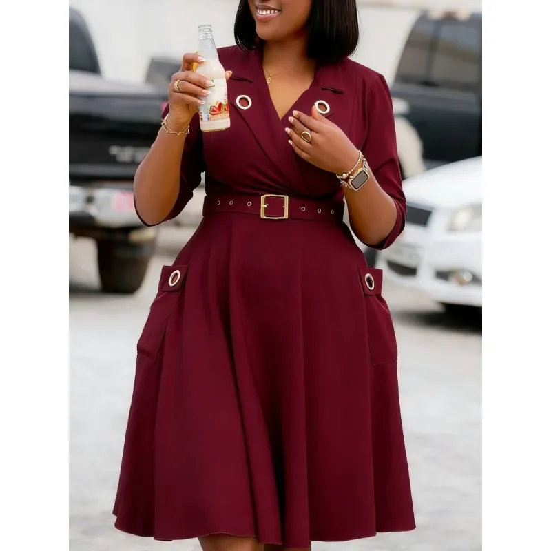 

Women's Fashion V-neck Strap Waist Dress New Mid-sleeve Women's Dress Temperament Commuter Women's Dress 2026 New