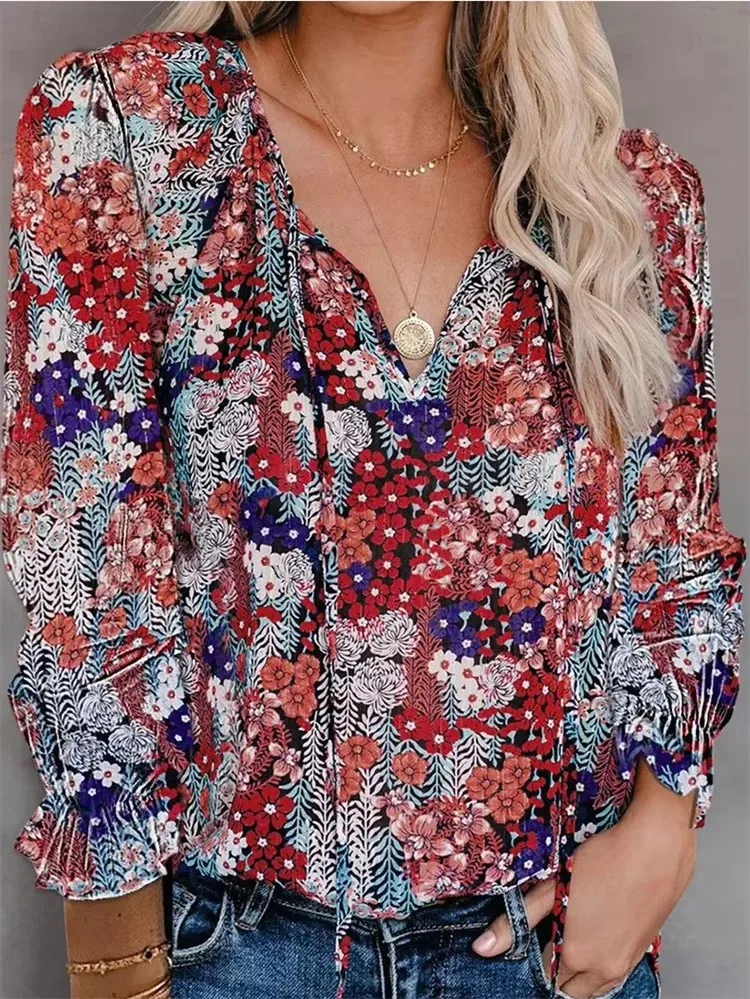 レディース 春と秋のフラワーシャツ レディース カジュアル 長袖 Vネック プリント トップス