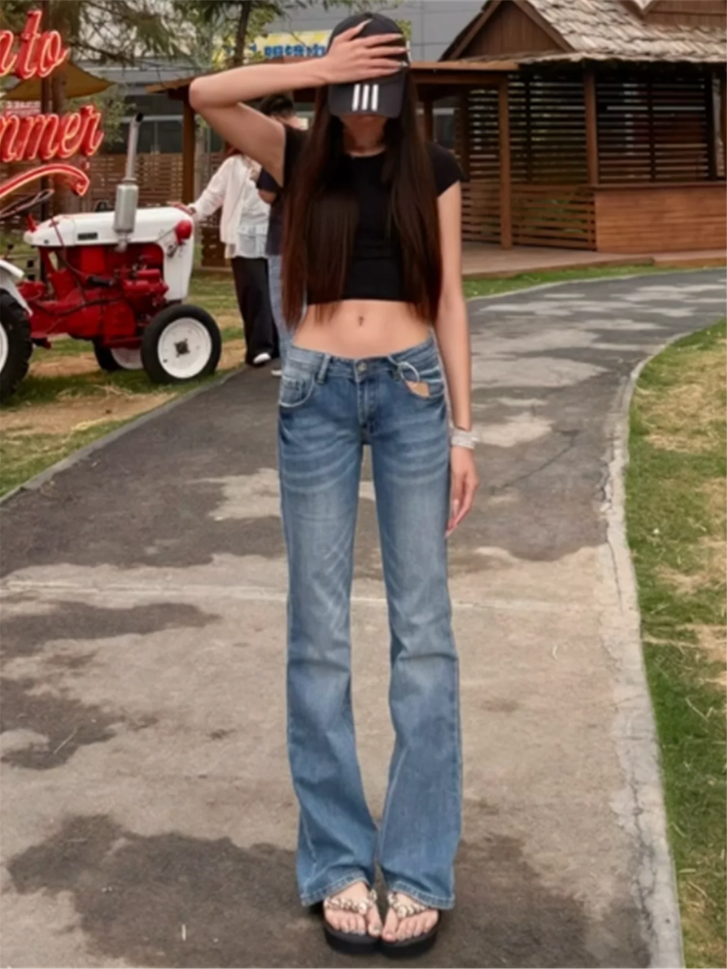 

American Street Style Low Waist Bell Bottom Jeans Women's Summer Slimming Long Floor Length Pants Cotton Soft Washed Jeans