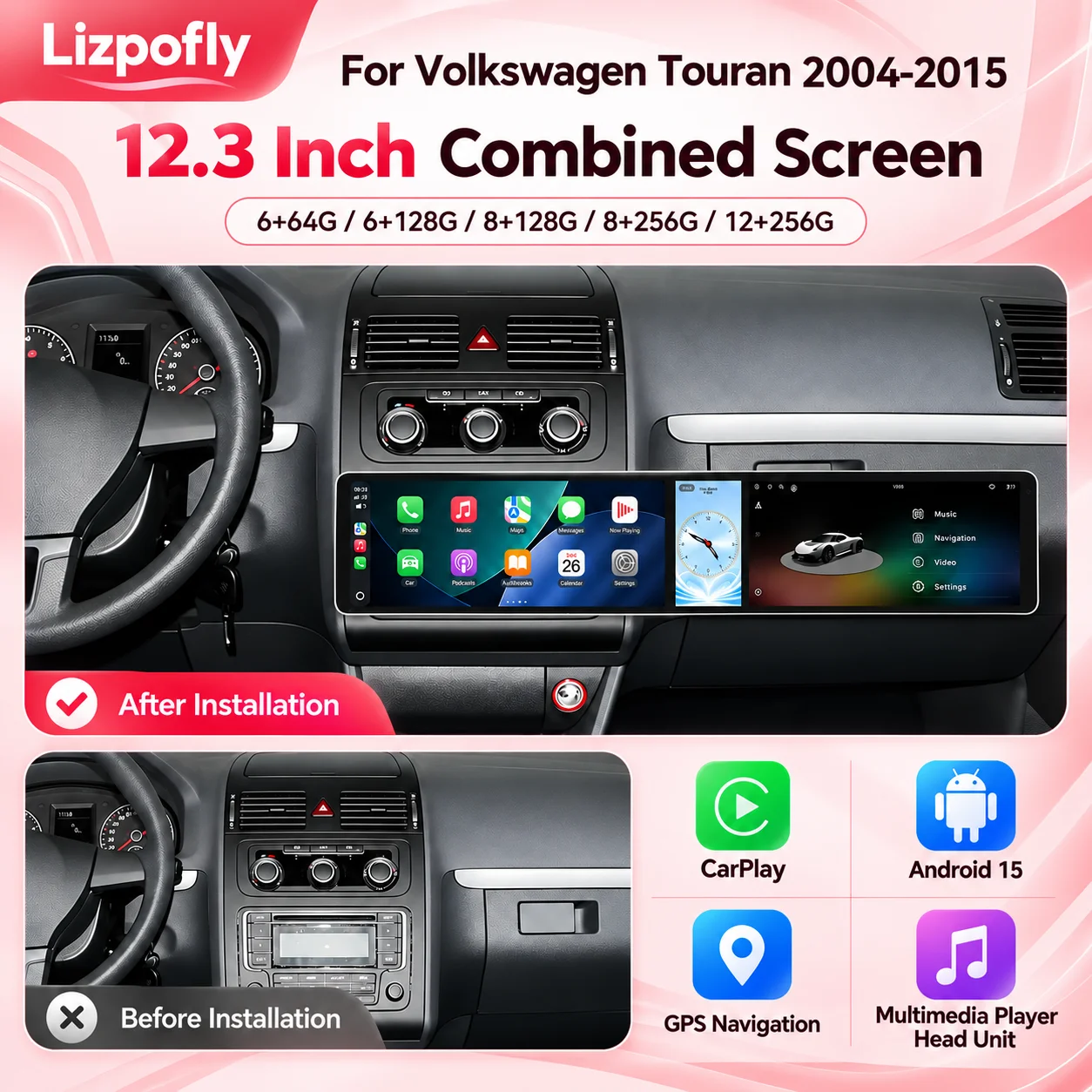 Lizpofly Triple Screen Android 15 Multimedia Radio For Volkswagen Touran 2004-2015 CarPlay GPS Touch Display Head Unit