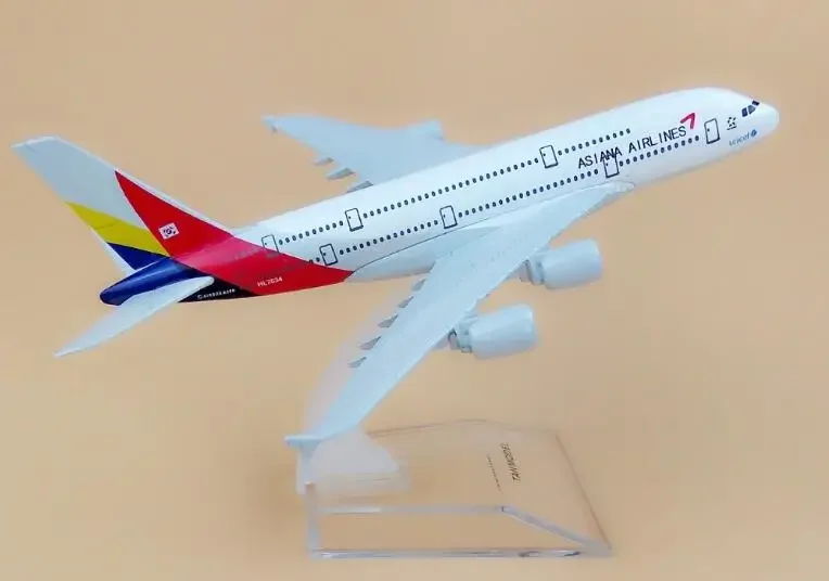 합금 시뮬레이션 비행기 모형, A380, 아시아나 항공 항공기, 어린이 장난감, 크리스마스 선물, 16cm