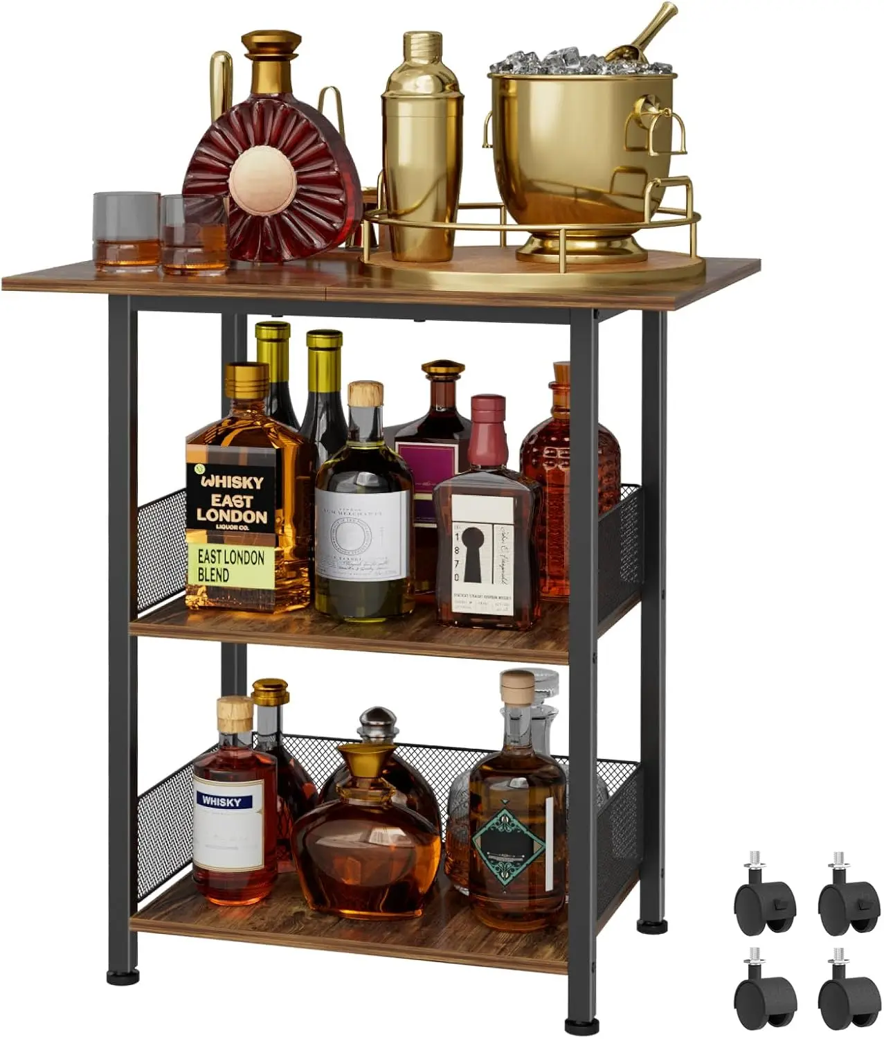 

3-Tier Black Bar Cart for Kitchen, Dining Room, Living Room - Whiskey Liquor Display Stand