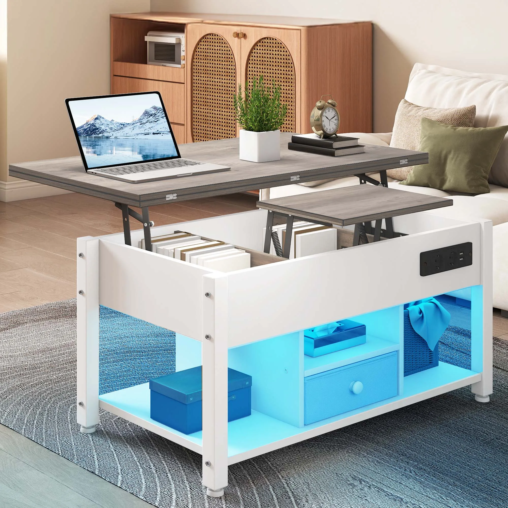 YITAHOME Mesa de centro 4 en 1 blanca y gris: altura ajustable, se convierte en mesa de comedor con almacenamiento y iluminación LED