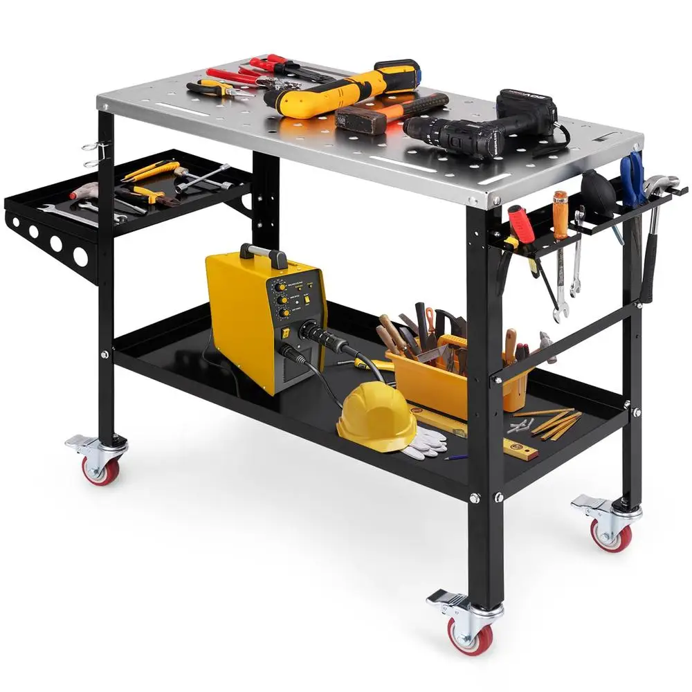 Welding Table 1200 lbs Workbench Rolling With Wheels Tool Rack Tray 5/8” Holes 8 Slots 2 Nozzle Holder Metal Construction