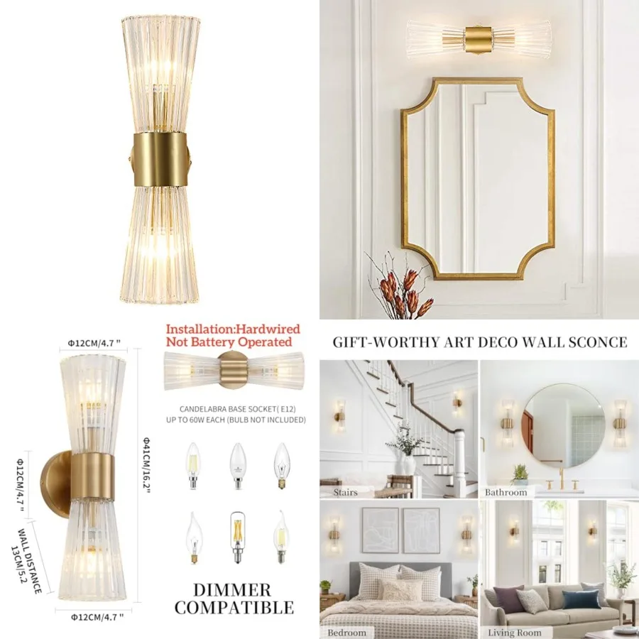 

Mid-Century Modern Wall Lights with Crystal Glass Shade, 2-Light Glass Bathroom Vanitys Lights Gold Wall Sconces, Indoor Up Dow