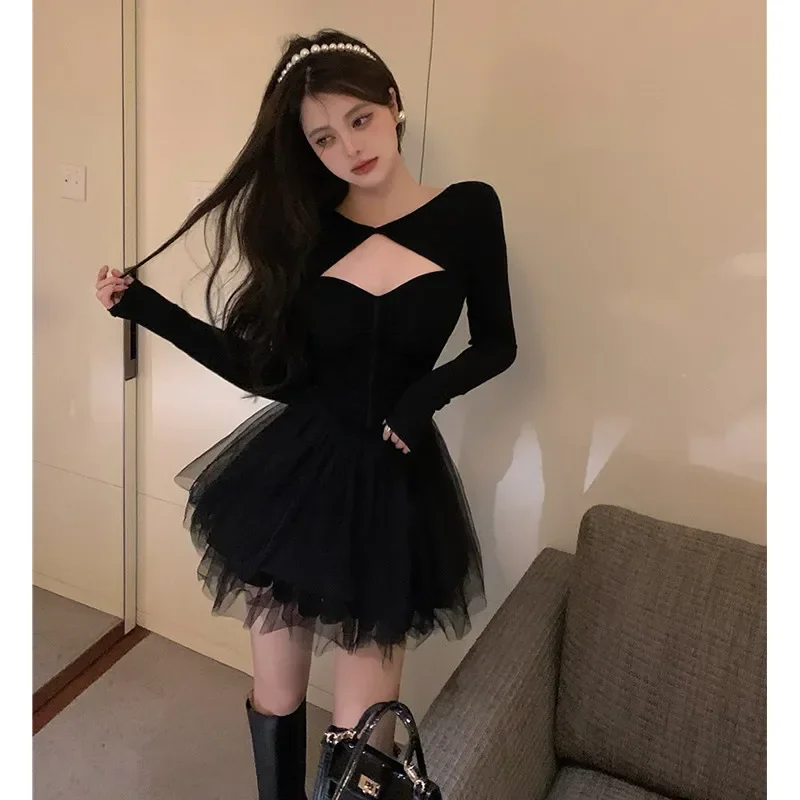 

Women Fashion Sexy Black Mesh Dress Long Sleeve Chic Hollow Out Puffy Club Dress Slim Waist A Line Mini Evening Party Dress