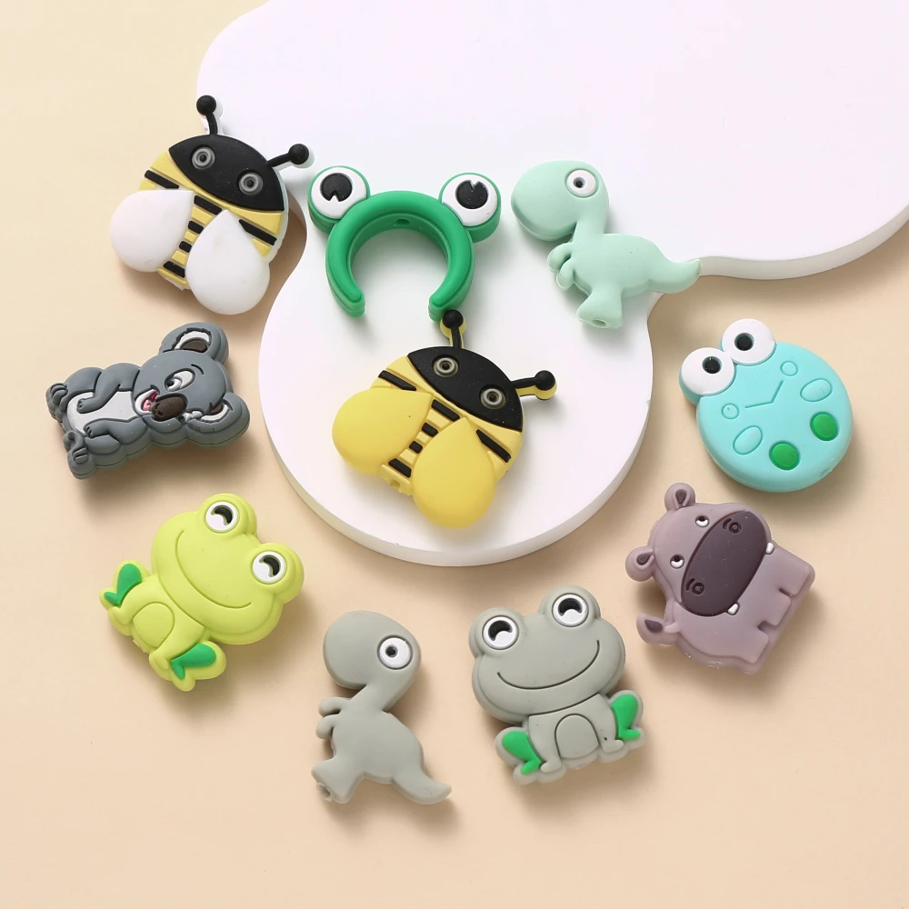 10Pcs Mini Animal Silicone Teether Beads Cartoon Frogs Bee Beads For Jewelry Making DIY Plastic Beaded Pen Keychain Bracelet