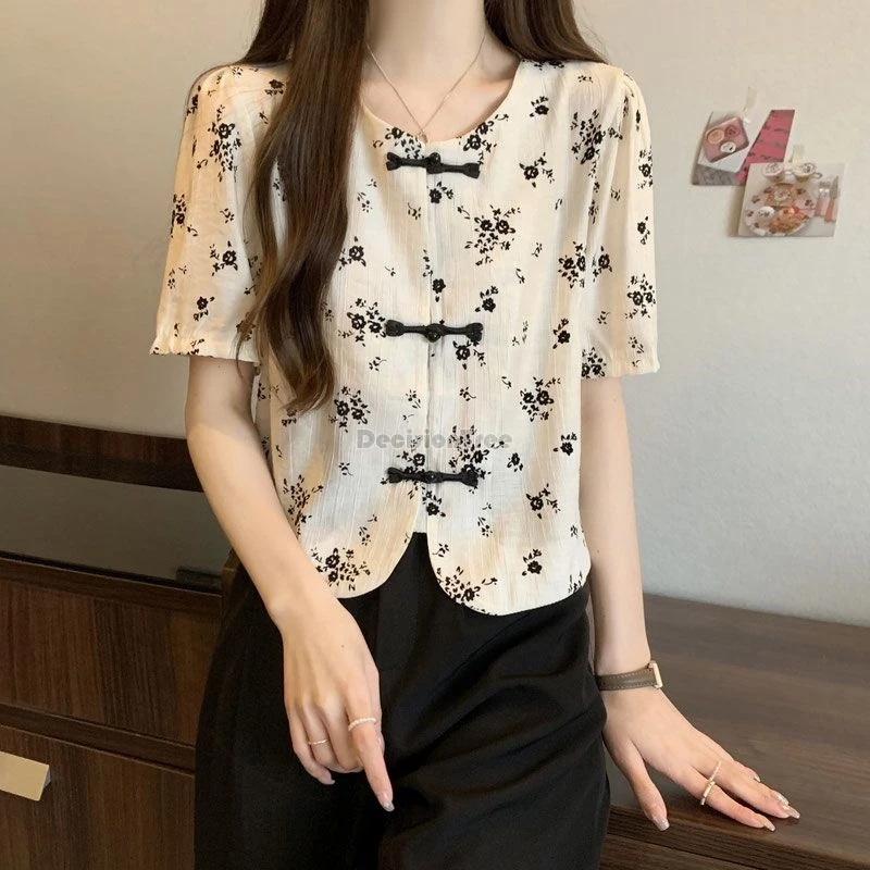 2024 chinese style exquisite floral printing chiffon top graceful temperament tang suit top big size loose leisure lady blouse