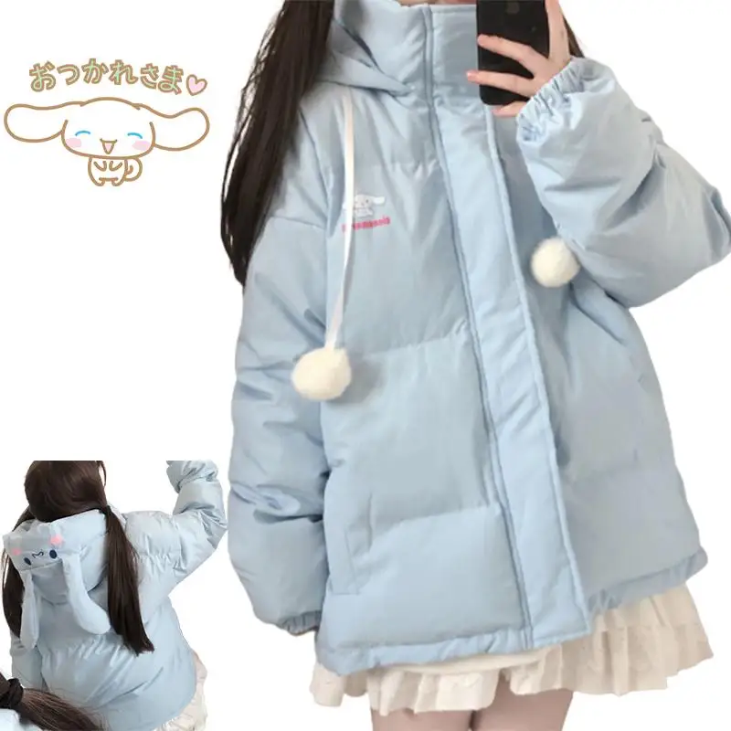 Sanrio Cinnamoroll Hooded Down Jacket Kawaii Anime Figure Winter Thicken Cotton Coat Student Korean Version Loose Tops Cute Soft