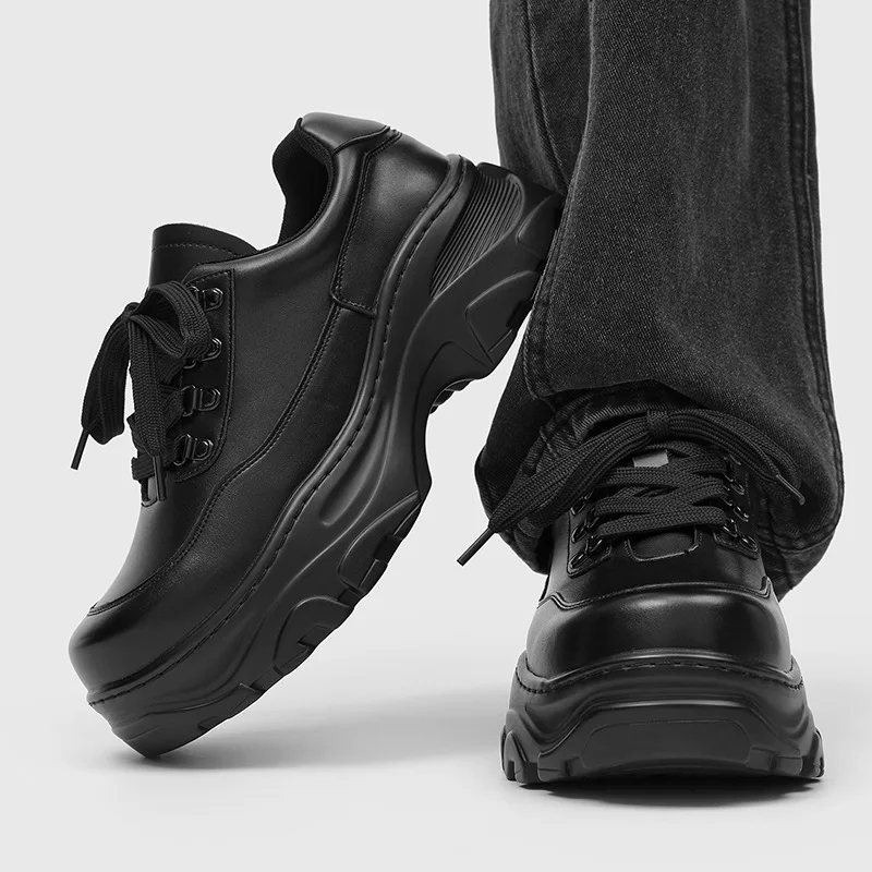 

Korean style mens casual original leather shoes lace-up oxfords shoe black designer platform sneakers outdoors street footwear