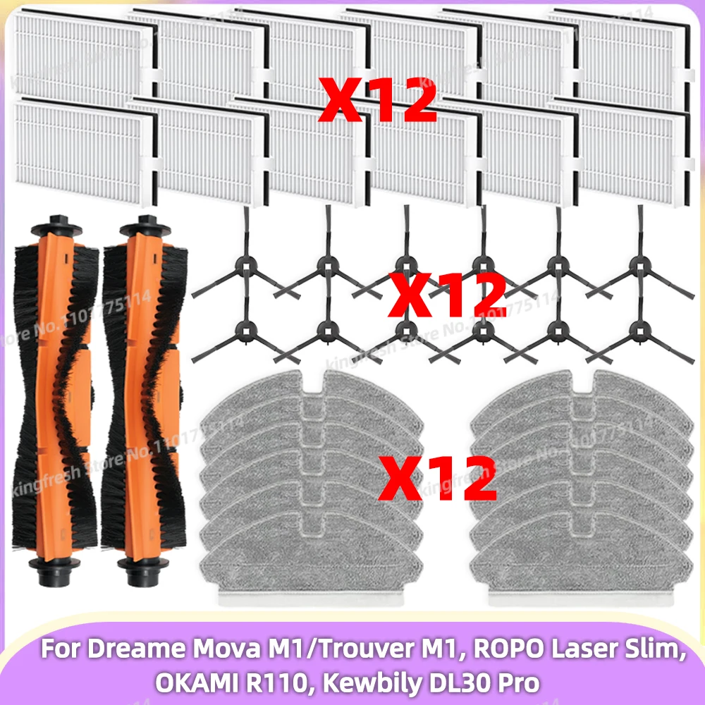 Compatible para (Dreame Mova M1 / Trouver M1, ROPO Laser Slim, OKAMI R110, Kewbily DL30 Pro) Repuestos de aspiradora Rodillo principal Cepillo lateral Filtro Paño de fregado Accesorios