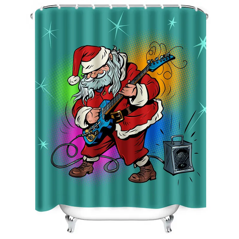 TU Rockstar Santa Claus Tirai Mandi Dekorasi Musik Natal Kain Kamar Mandi Hadiah Liburan Meriah Dinding Santa Claus Rock and Roll