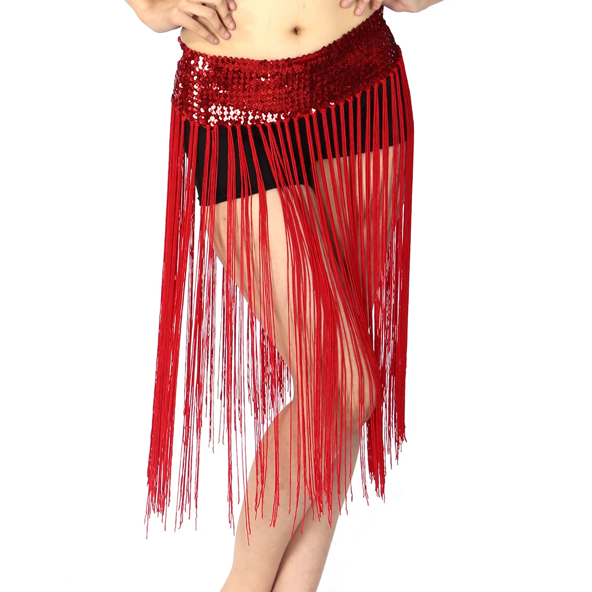

Lady'S Belly Skirt Stretch Sequins Women Dancing Dress Tassel Hip Scarf Clubwear Belt Party Nightclub Costume Red