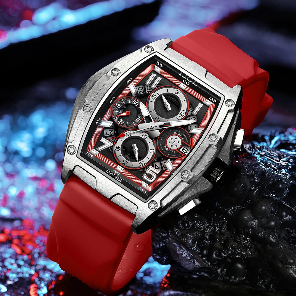 LIGE Sports Men\'s Watch Luxury Fashion Watches For Men Unique Square Design Watch Chronograph Quartz Waterproof Tape Wristwatch