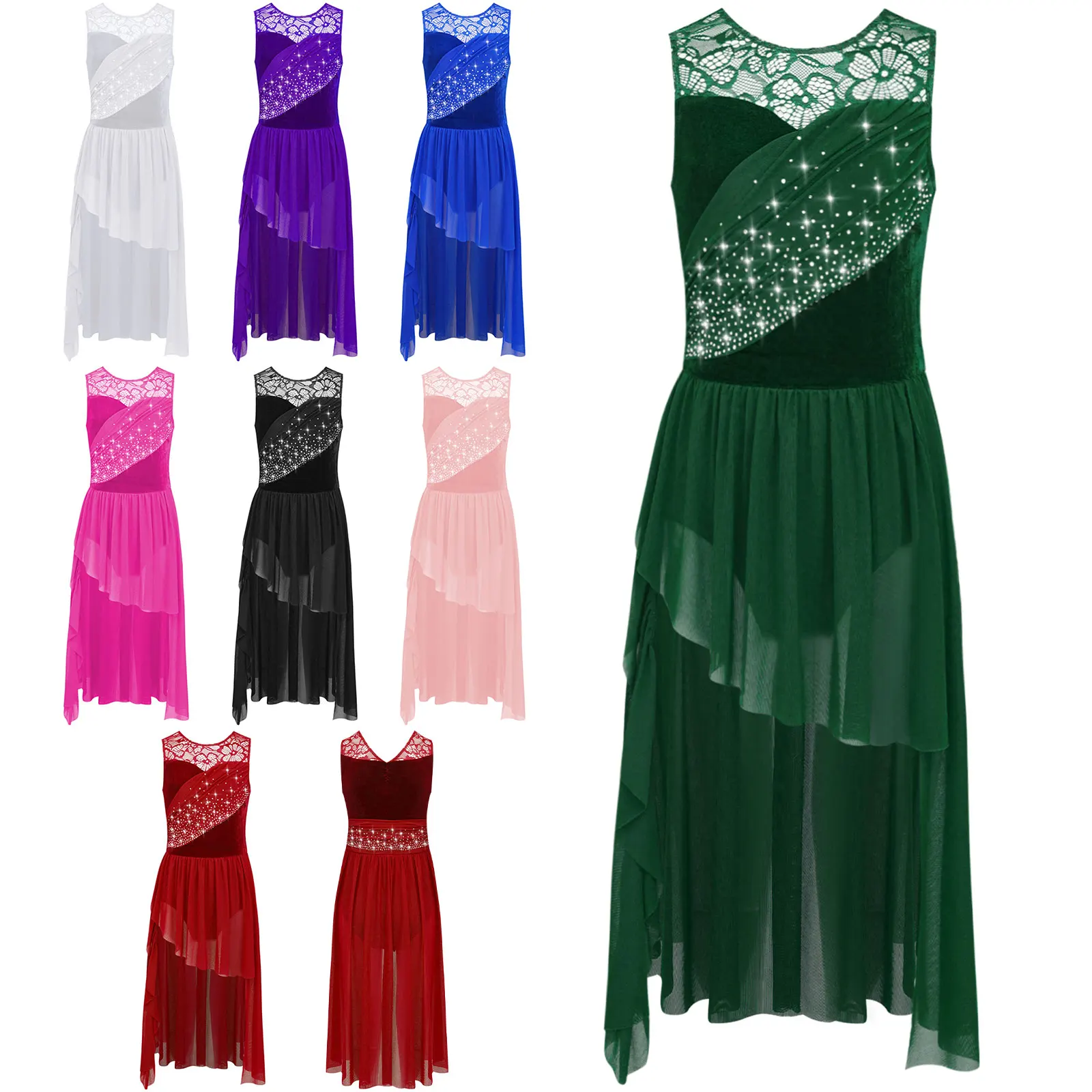 الفتيات الحديثة فستان رقص الباليه الغنائي الشكل التزلج الجمباز الإيقاعي أداء زي لامعة حجر الراين الدانتيل شبكة يوتار