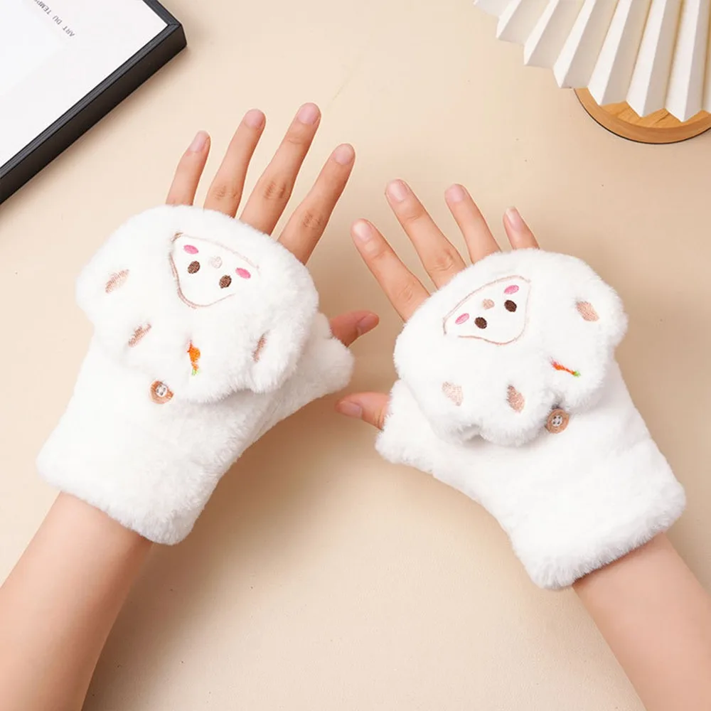 

Fashion Half Finger Gloves Thicken Cold-proof Short Fingerless Gloves Keep Warm Cartoon Winter Flip-up Mittens for Women Girls