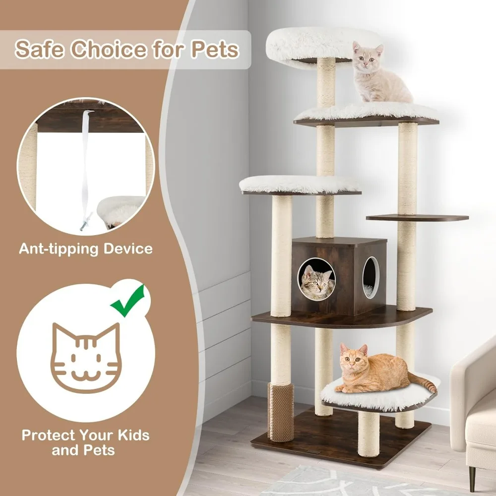 Tall Cat Tree for Indoor Cats, 71 Inches Multi-Level Modern Cat Tower with Plush Perch