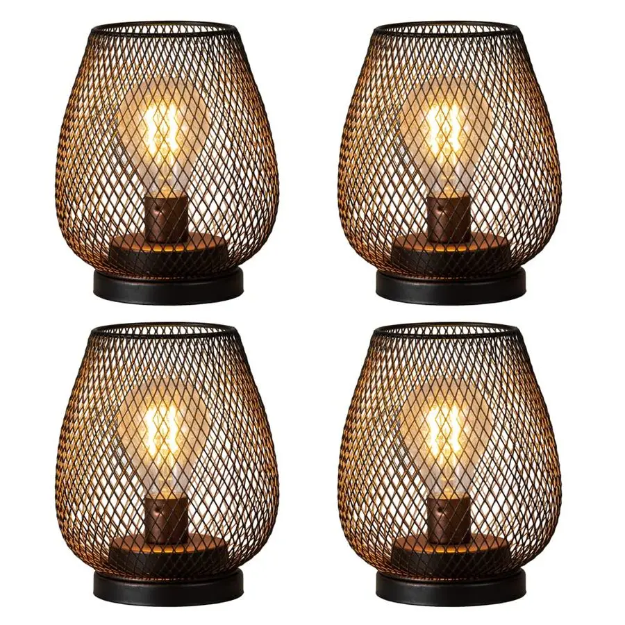 

Set of 4 Battery Operated Lamp LED Table Lantern, Brown Metal Cage Cordless Lamps with LED BulbVintage Decorative Outdoor Lanter
