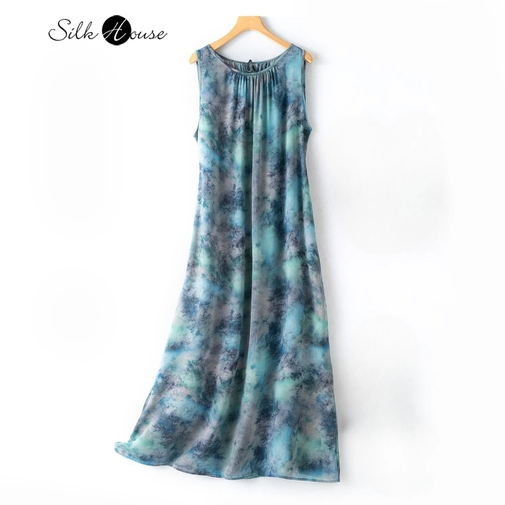 

2025 Women's Casual Summer New Vacation Style 100% Natural Mulberry Silk Crepe De Chine Printed Sleeveless Loose Tank Top Dress