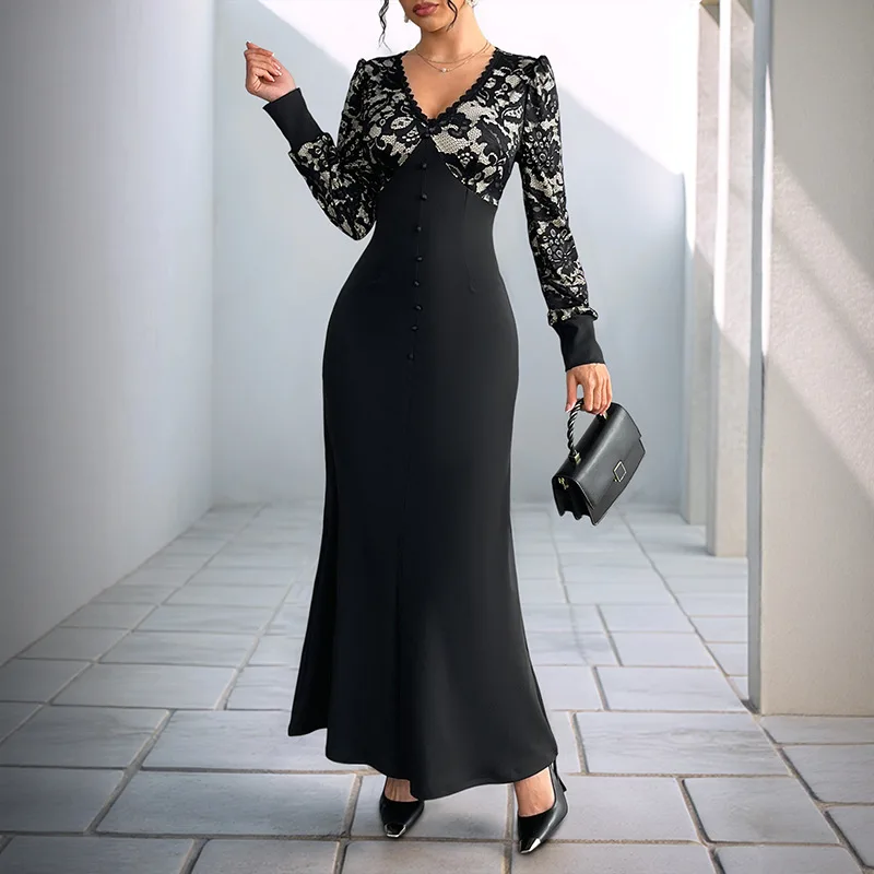 

Women Dress Long Dresses V Neck Lace Sexy Vestidos Full Sleeve Sheath Elegant Splice Y2k Streetwear Wrap Hip Party Night 2025