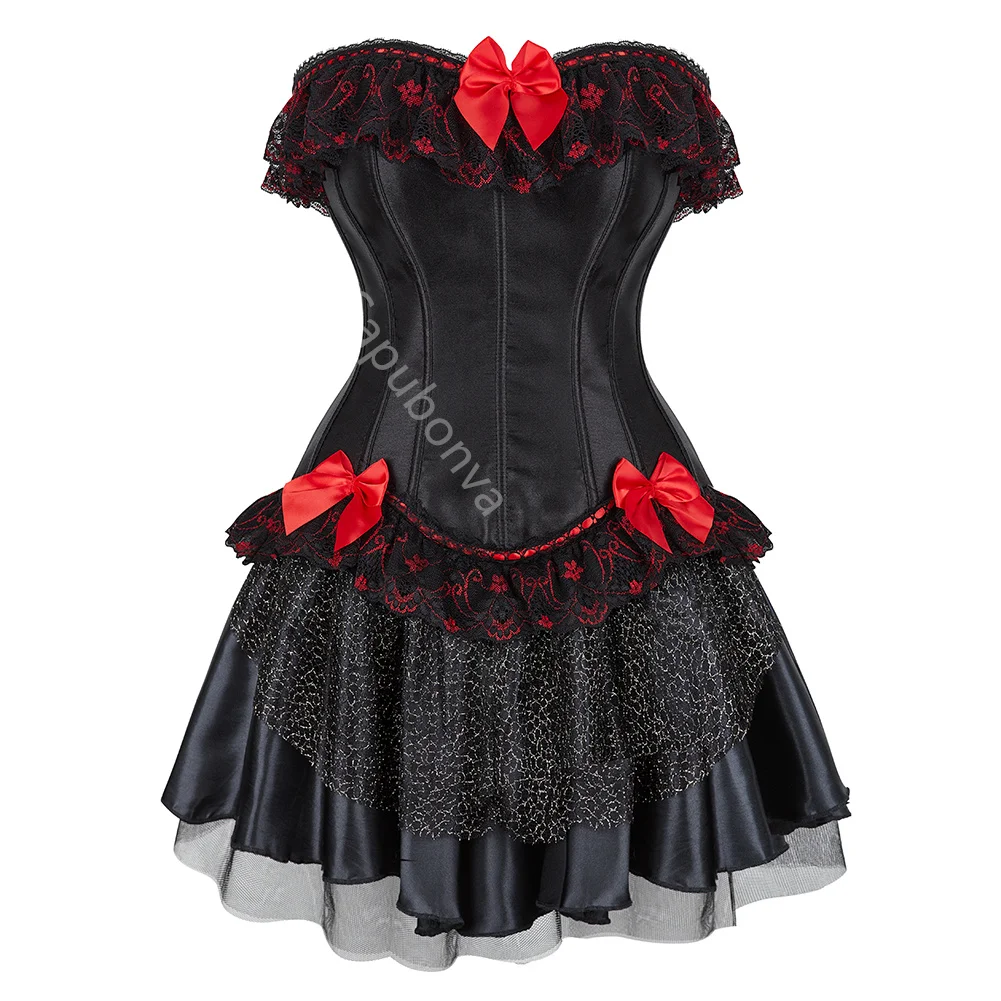 Corset Dress Gothic Lolita Cictorian Plus Size Lace Flower Bustier With Skirt Tutu Fashion Halloween Costumes Sexy Style Black