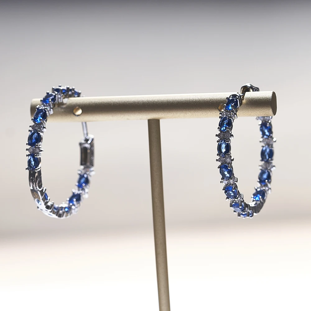 Women Sapphire Gemstone Drop Earring Silver  Jewerly With Oval Shape Blue Color Zircon Female Dating Party Jearly Gift