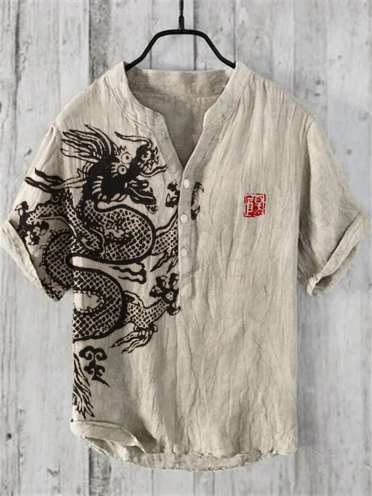 Camisa de manga corta de estilo japonés Hawaiano, hecha de tela de lino con patrón impreso templario, popular en Asia