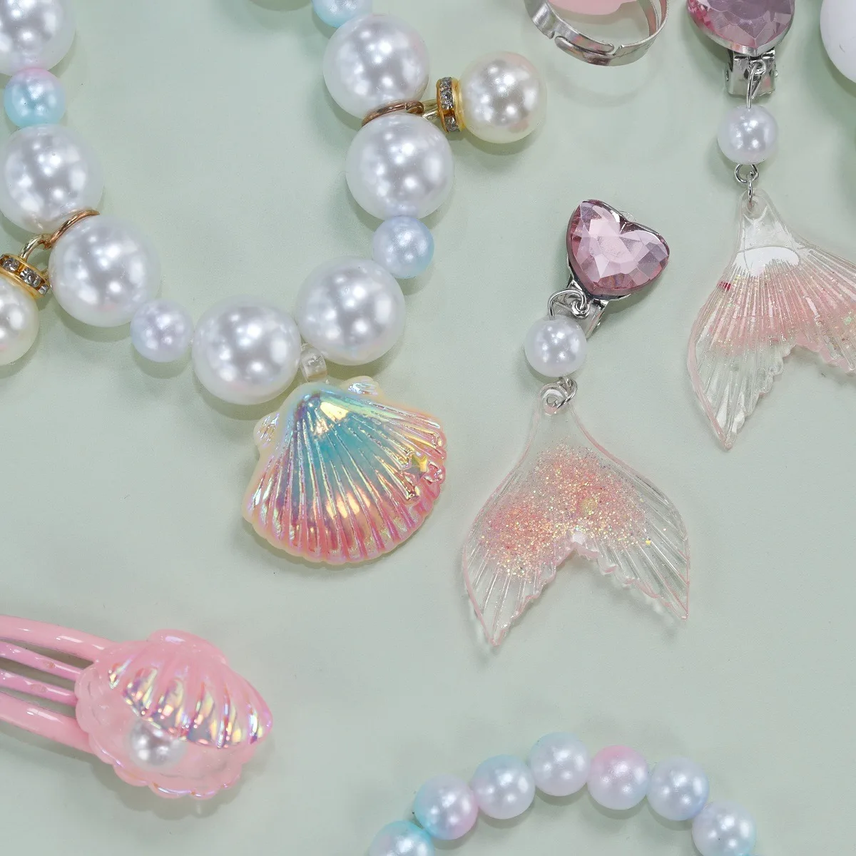 5 قطع طفل حورية البحر مجموعة للفتيات تقليد اللؤلؤ شل الأميرة اكسسوارات لطيف قلادة أقراط حلقة سوار مشبك شعر هدية