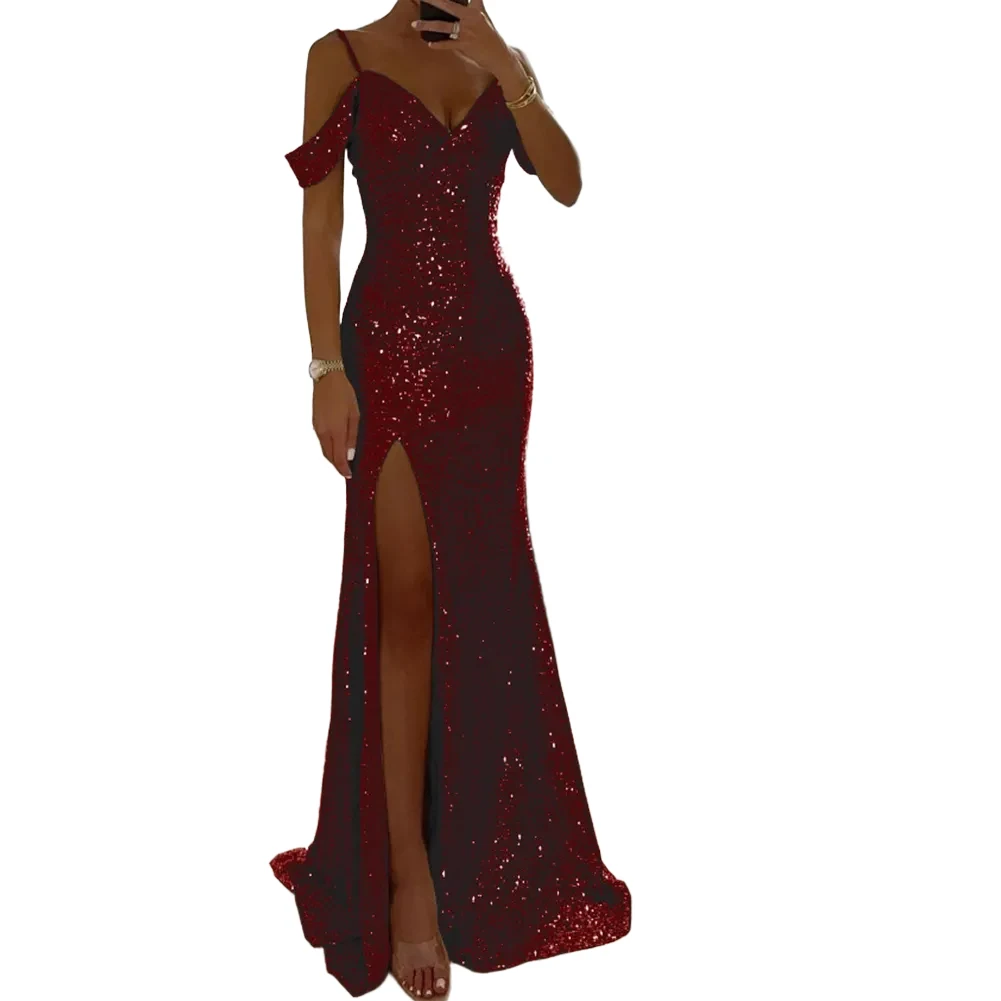 

Платье макси для женщин с разрезом без рукавов и бретелькой на шее, расшитым пайетками и V-образным вырезом для вечеринок и повседневного использования