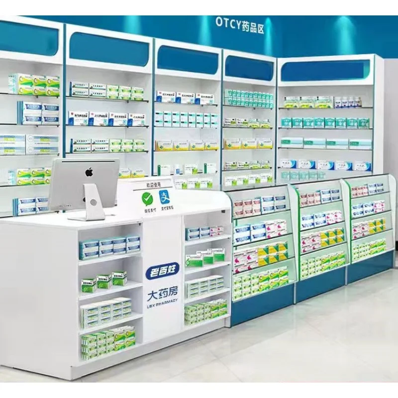 Estantes de exhibición de Farmacia de vidrio de madera de fábrica personalizados, gabinete de farmacia al por menor, muebles de tienda médica